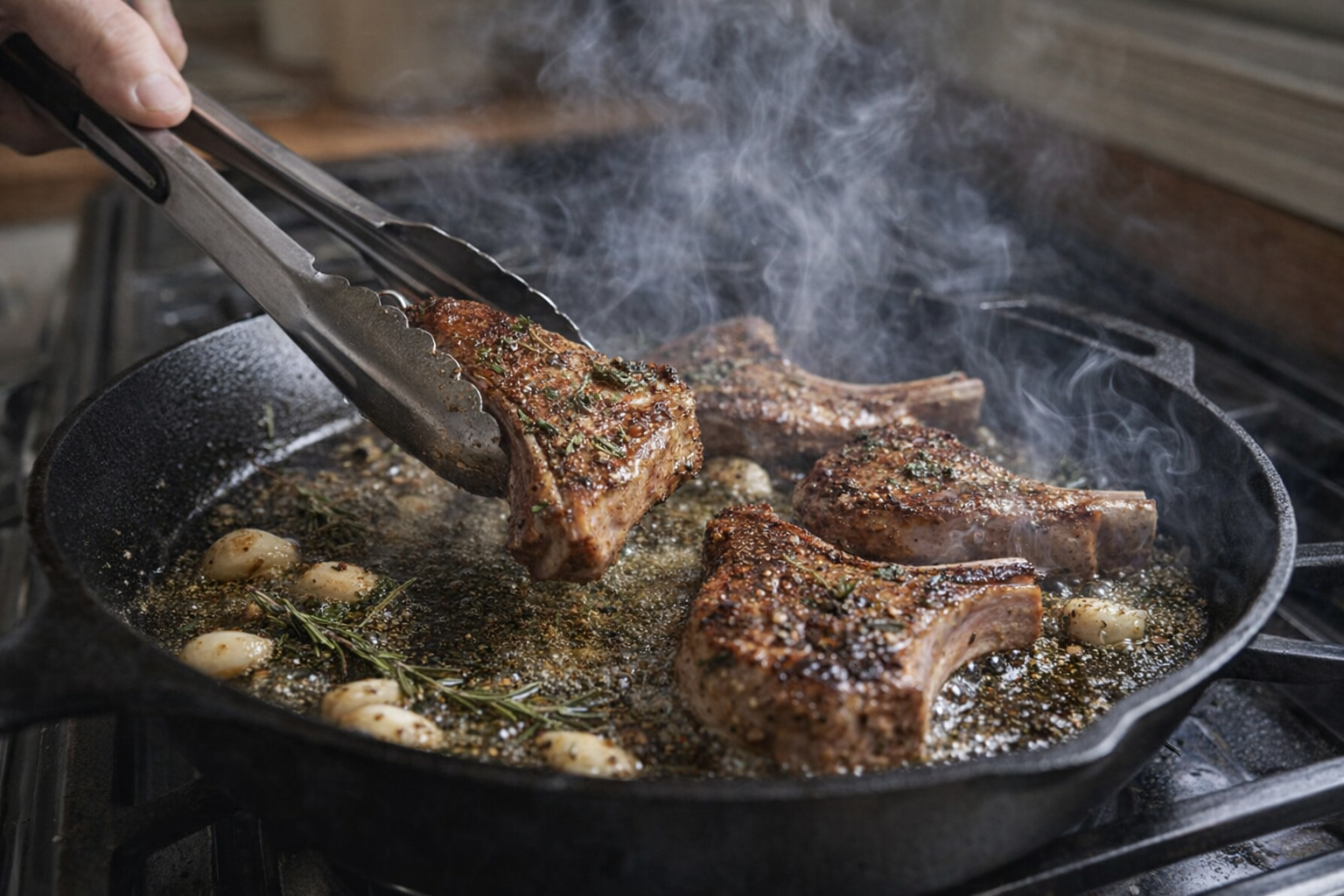 Action shot of lamb chops searing in a cast iron skillet, sizzling in olive oil with garlic and herbs, with tongs holding one chop, high heat, smoke rising